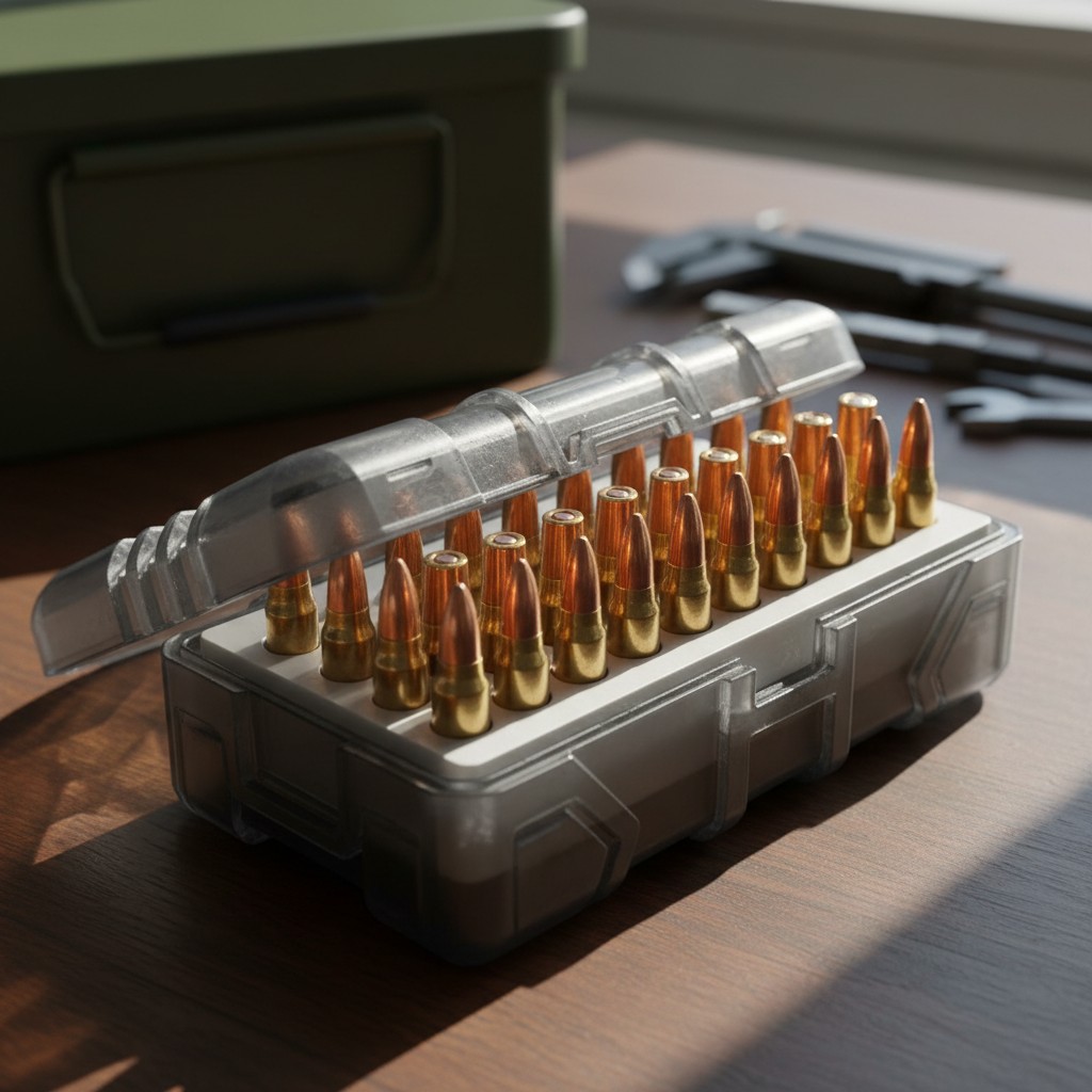 The image currently shows a box of bullets on a wooden table with other tools in the background.